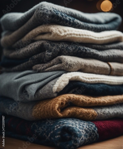 luxurious cashmere-textured plaid scarves, stacked in layers in the background 
 photo