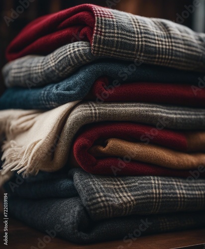 luxurious cashmere-textured plaid scarves, stacked in layers in the background 
 photo