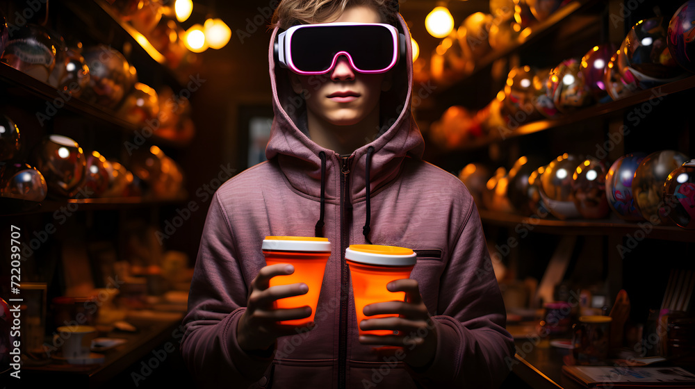 Obraz premium Cinematic shot of young guy with VR glasses are having fun to use augmented reality technology.