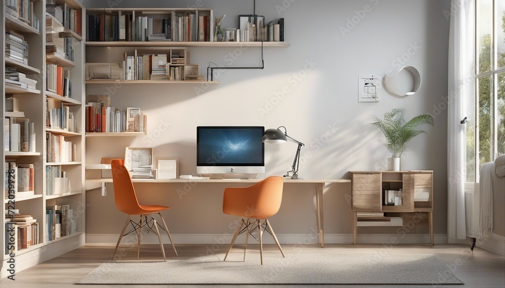 minimalist study room with wall covered with books, daylight lighting, bright colours
minimalist study room with wall covered with books, daylight lighting, bright colours