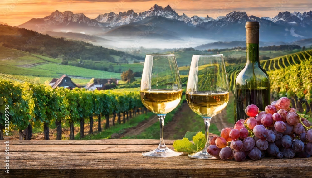 Wine glass with pouring white wine and vineyard landscape in sunny day. Winemaking concept, copy space