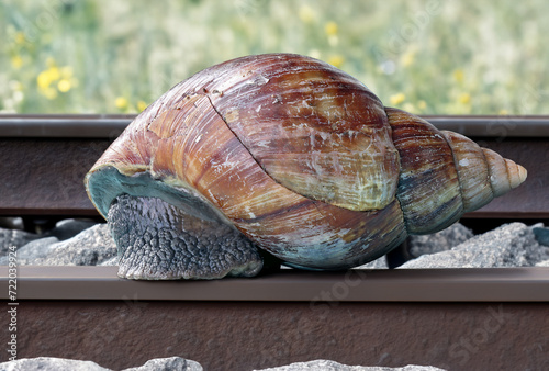 A large snail is crawling on the railway track