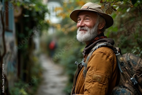portrait of an elderly male traveler, concept of active aging with adventure