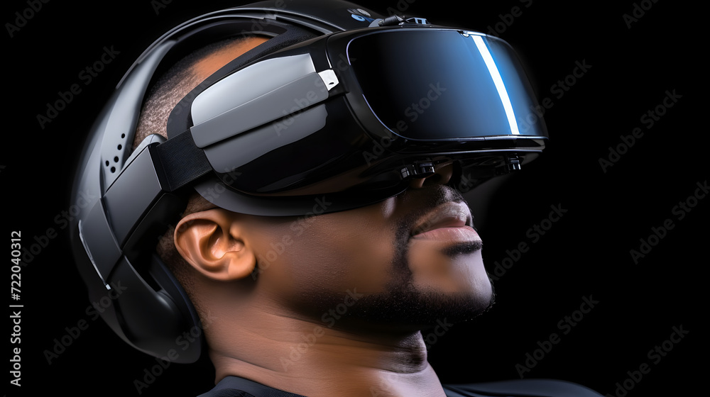Cinematic shot of young guy with VR glasses are having fun to use augmented reality technology.