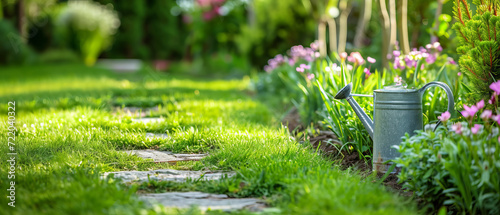 A picturesque garden path lit by sunshine with a watering can and on a green grass in the foreground in the garden #722040322