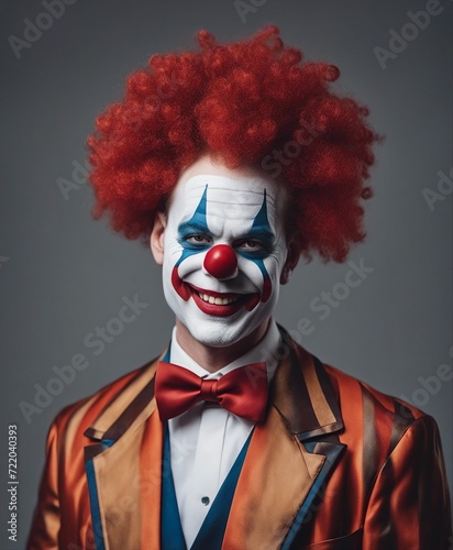 portrait of adult human smiling clown, isolated grey background, copy space for text 