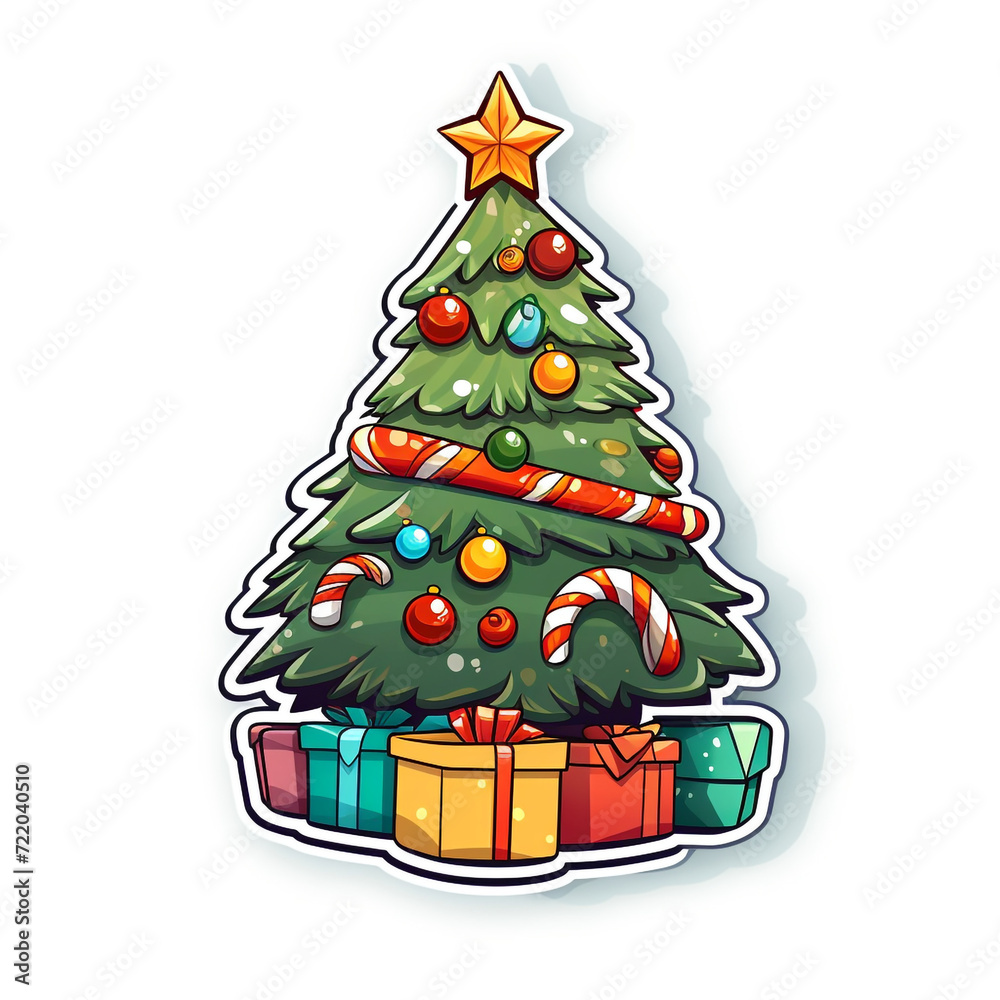 Sticker, flat, cartoon, Christmas tree, surrounded by 2 gifts, white background сreated with Generative Ai Sticker, flat, cartoon, Christmas tree, surrounded by 2 gifts, white background сreated with Generative Ai
