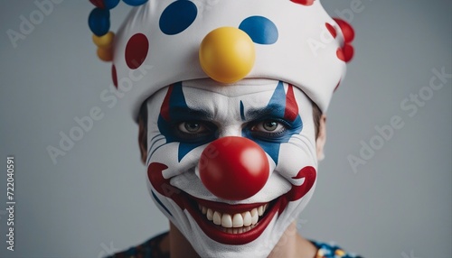 portrait of adult human smiling clown, isolated grey background 