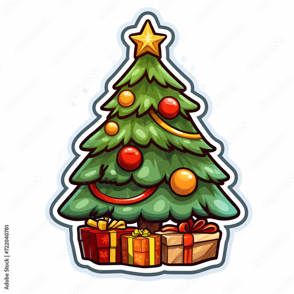 Naklejka premium Sticker, flat, cartoon, Christmas tree, surrounded by 2 gifts, white background сreated with Generative Ai