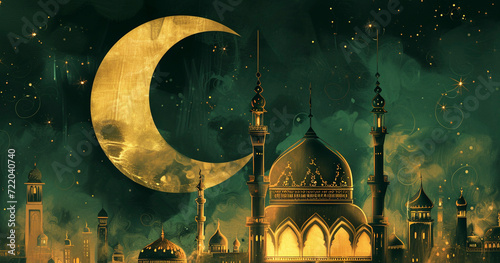 Teal and gold mosque silhouette against crescent moon and starry sky 
