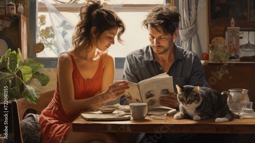 couple drinking coffee at home and reading newspaper , with cat 