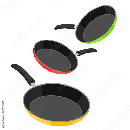 Frying pan isolated on white background. Pans in three different colors. Kitchen equipment for cooking. Vector illustration.