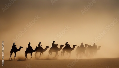 side view of silhouettes of camels and their owners moving in single file in a sandstorm in the desert 