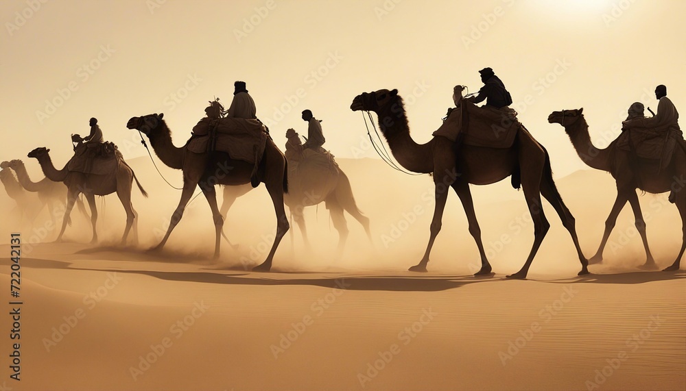 side view of silhouettes of camels and their owners moving in single file in a sandstorm in the desert
side view of silhouettes of camels and their owners moving in single file in a sandstorm in the desert