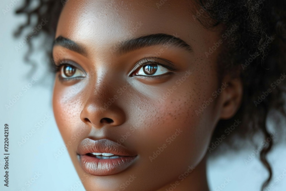 Closeup portrait of a beautiful black woman with flawless skin, stylish makeup, and captivating charm in a bright studio setting. Closeup portrait of a beautiful black woman with flawless skin, stylish makeup, and captivating charm in a bright studio setting.
