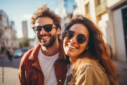 Two trendy, happy adults with sunglasses, smiling in the city. Generative AI © Sugarpalm