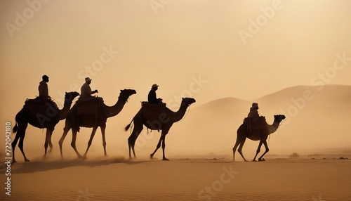 side view of silhouettes of camels and their owners moving in single file in a sandstorm in the desert 