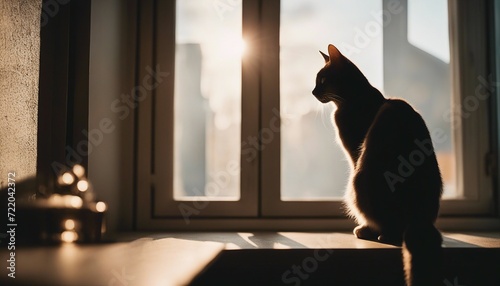 silhouette of a cat in the room looking out of the window 