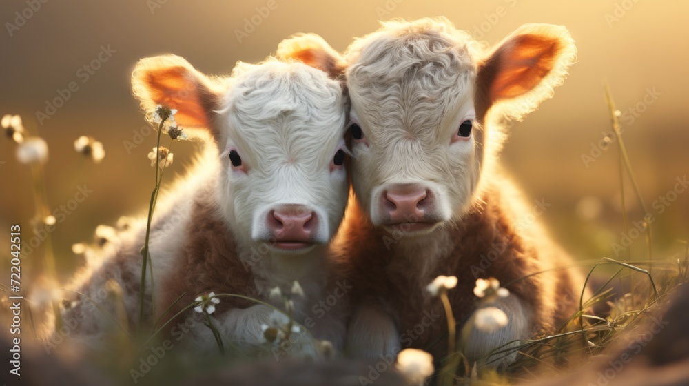 two cute little calves in an open meadow two cute little calves in an open meadow