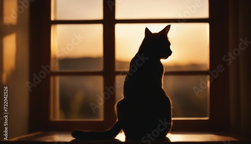 silhouette of a cat in the room looking out of the window, sunset, warm lights 