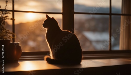 silhouette of a cat in the room looking out of the window, sunset, warm lights 
 photo