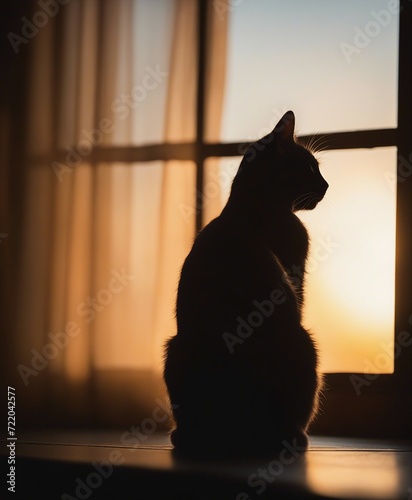 silhouette of a cat in the room looking out of the window, sunset, warm lights 