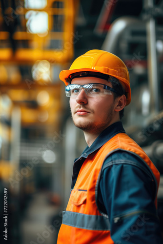 Portrait of Industry maintenance engineer man wearing uniform and safety hard hat on factory station © thejokercze