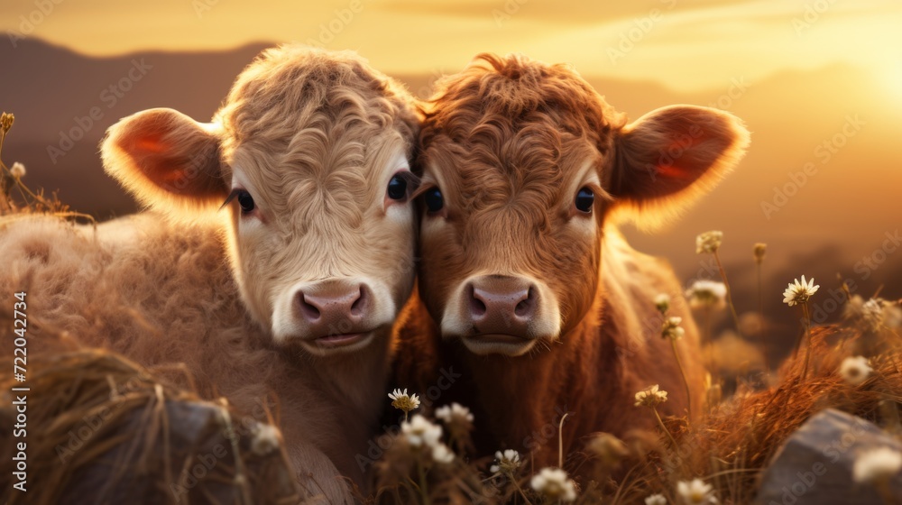 two cute calves in an open meadow