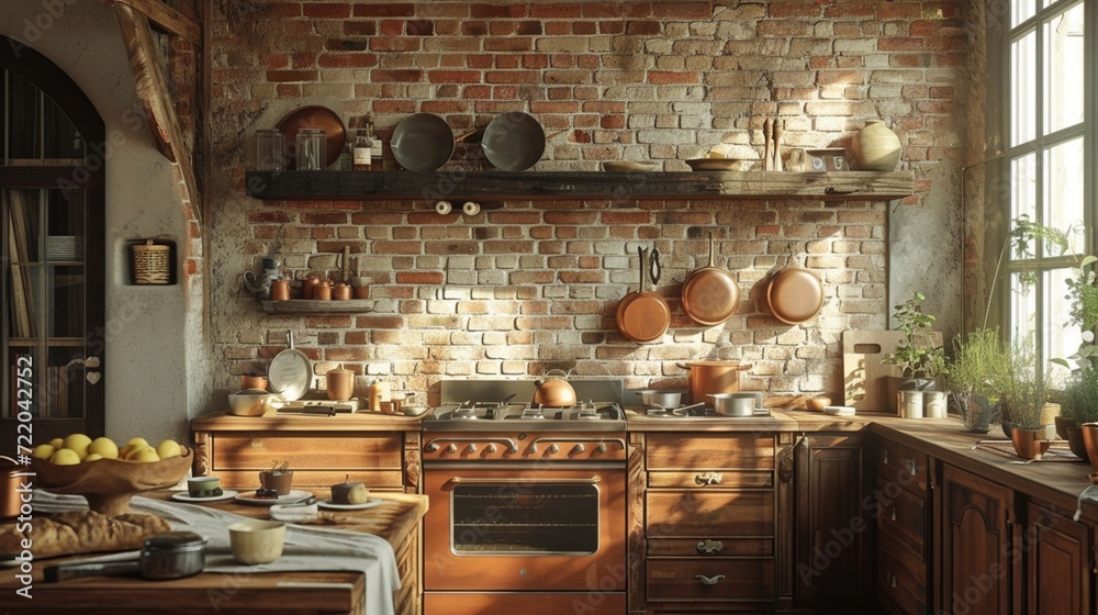 A rustic kitchen with exposed brick walls, adorned with copper pots and pans, emanating the comforting aroma of freshly baked bread
