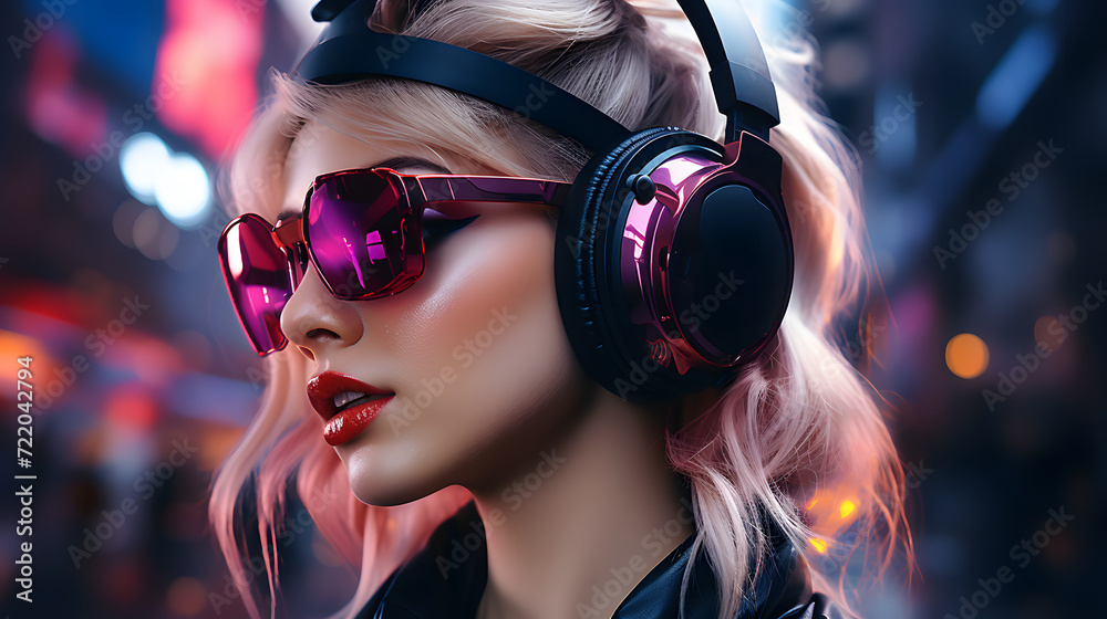 Cheerful young caucasian female in casual clothes and listen to music on headphones while browsing mobile phone Cheerful young caucasian female in casual clothes and listen to music on headphones while browsing mobile phone