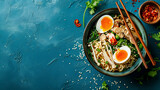 Asian-style ramen noodle soup with bok choy, carrot, lime, sesame seeds, chicken, and egg. A bowl of tofu and tofu soup with green chili leaves on the side, Generative AI