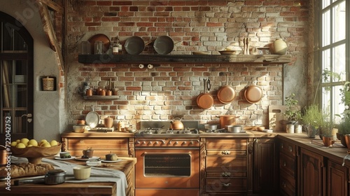 A rustic kitchen with exposed brick walls, adorned with copper pots and pans, emanating the comforting aroma of freshly baked bread photo