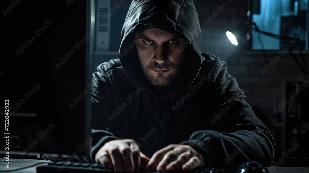 Hacker in a dark hoody sitting in front of a computer. Cybersecurity concept. Dark background Hacker in a dark hoody sitting in front of a computer. Cybersecurity concept. Dark background