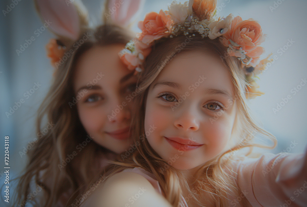 Fototapeta premium Cheerful woman with a headband and a flower in her hair smiles while taking a selfie with her fashionable friend indoors