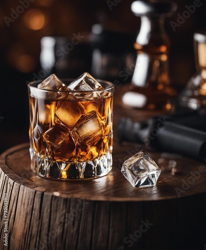 whisky glass with ice flakes on a wooden barrel and an unbranded, unwritten whisky bottle
 photo