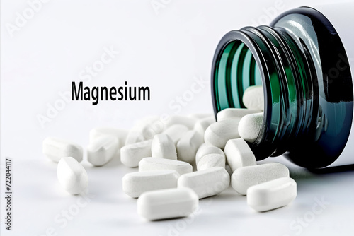 A lot of white magnesium pills and bottle on white background photo