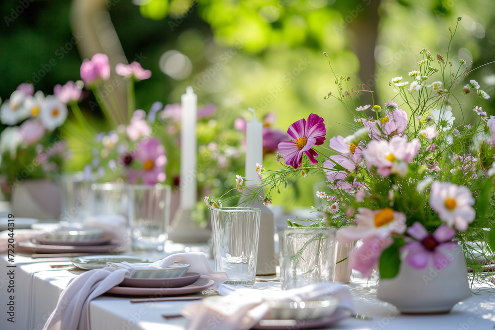 Outdoor table setting with cosmos flowers and cutlery
