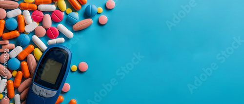 Flat lay of medicines and glucometer on blue background photo