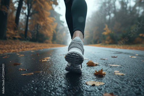 Legs in sneakers running on wet after rain road with fall yellow leaves in autumn
