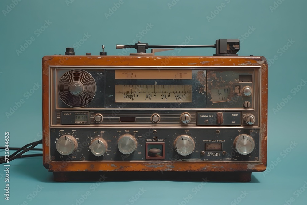 Fototapeta premium Classic orange audio recorder with turntable against a vibrant blue backdrop