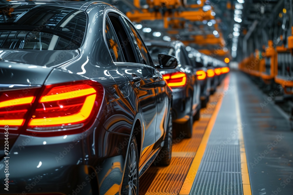 Close-up of a row of sleek cars on an automated assembly line in a modern factory