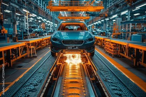 Blue car on a luminous production line in an industrial automobile factory, welding car parts on a production line