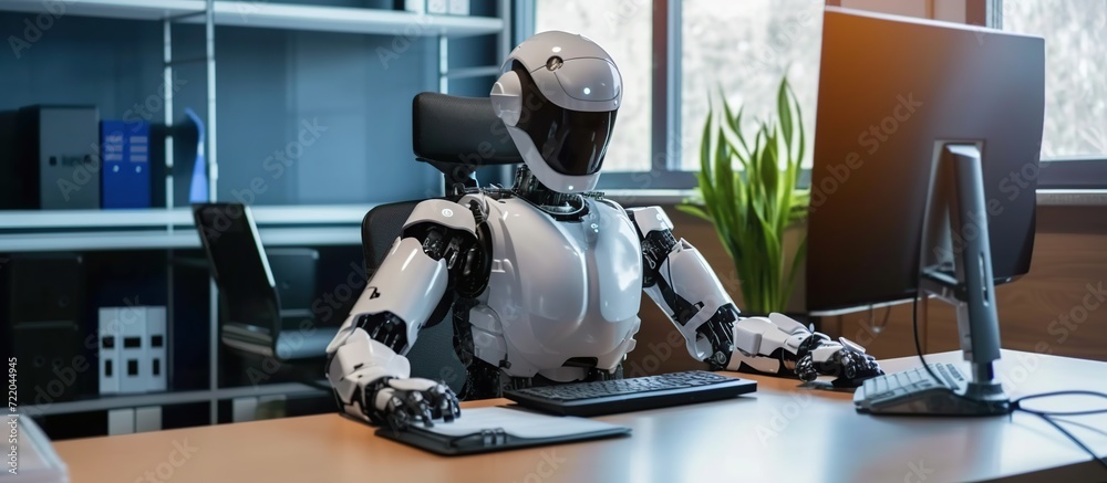 advanced robot is sitting at an office desk with a computer