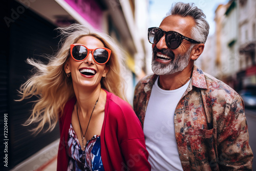 Two trendy, happy adults with sunglasses, smiling in the city. Generative AI