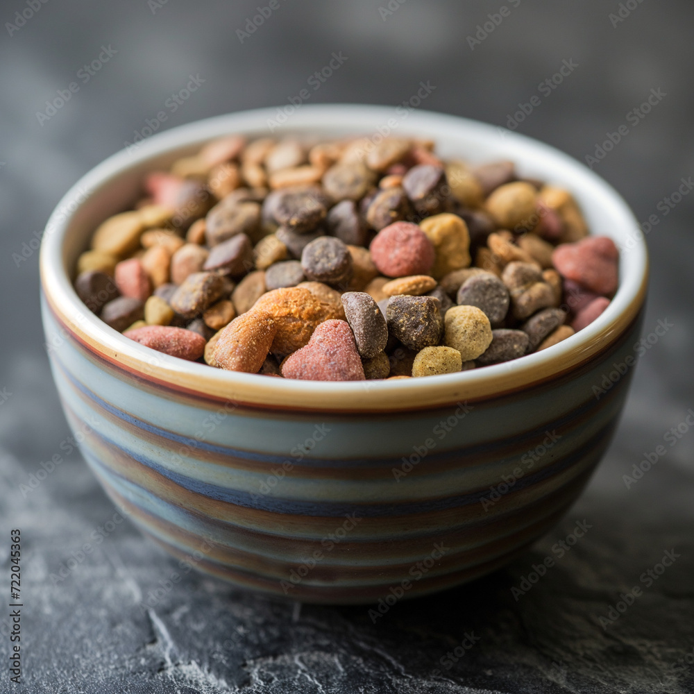 Nutritious cat or dog food in a sleek bowl isolated, emphasizing health benefits and natural components Nutritious cat or dog food in a sleek bowl isolated, emphasizing health benefits and natural components