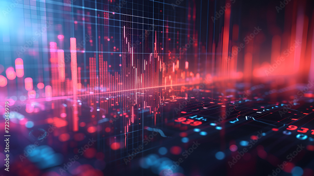 Technological backdrop with data science and communication concept. Growth graph, digital display, options chart, stock market on dark background. global trade, forex market, finance, Generative Ai - obrazy, fototapety, plakaty 