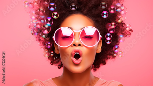 Beautiful african american woman with afro hairstyle and pink sunglasses