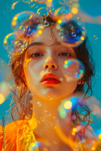 Portrait of a beautiful woman with bubbles, album cover art, Generative AI