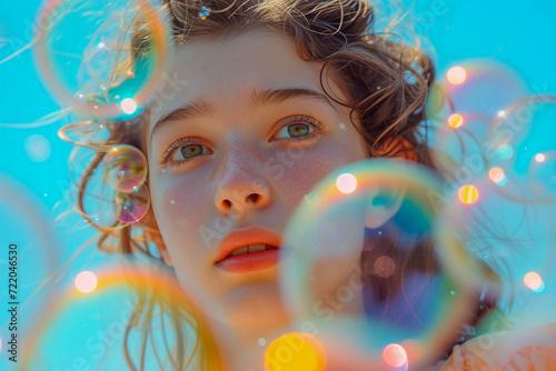 Portrait of a beautiful woman with bubbles, album cover art, Generative AI