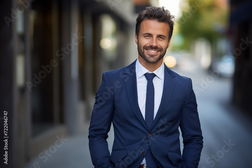 Confident, smiling businessman in urban setting. Generative AI. S001 © Sugarpalm